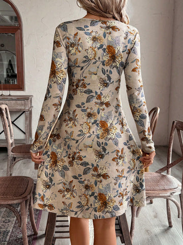 EMERY ROSE Women Floral Print Round Neck Elegant Long Sleeve Short Dress