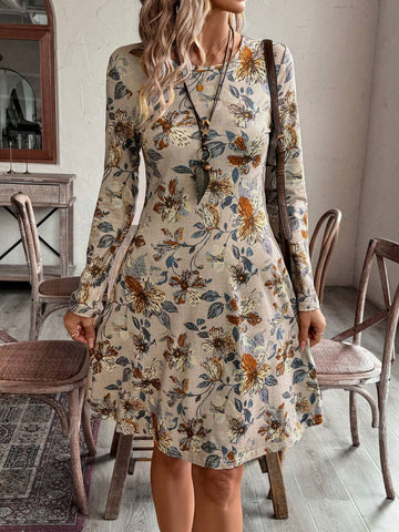 EMERY ROSE Women Floral Print Round Neck Elegant Long Sleeve Short Dress