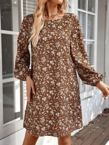 EMERY ROSE Women Floral Print Round Neck Lantern Sleeve Loose Straight Casual Dress For Holiday