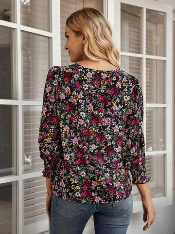 EMERY ROSE Women Floral Print Shirred Casual Long Sleeve Blouse