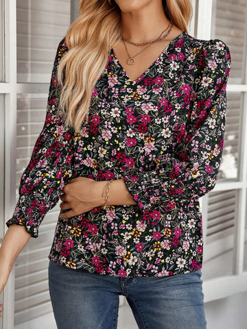 EMERY ROSE Women Floral Print Shirred Casual Long Sleeve Blouse