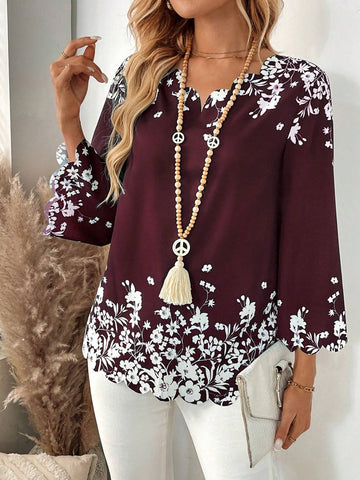 EMERY ROSE Women Floral Print V-Neck 3/4 Sleeve Loose Blouse