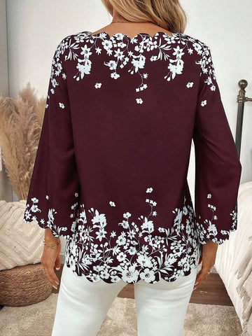 EMERY ROSE Women Floral Print V-Neck 3/4 Sleeve Loose Blouse