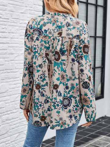 EMERY ROSE Women Floral Print V-Neck Roll-Up Sleeve Casual Shirt For Holiday