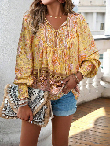 EMERY ROSE Women Front Tie Long Sleeve Printed Casual Blouse, Everyday Wear