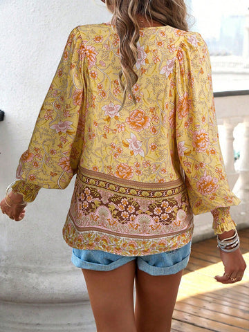 EMERY ROSE Women Front Tie Long Sleeve Printed Casual Blouse, Everyday Wear