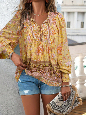EMERY ROSE Women Front Tie Long Sleeve Printed Casual Blouse, Everyday Wear