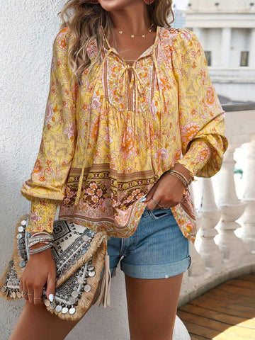 EMERY ROSE Women Front Tie Long Sleeve Printed Casual Blouse, Everyday Wear