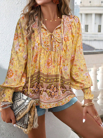 EMERY ROSE Women Front Tie Long Sleeve Printed Casual Blouse, Everyday Wear