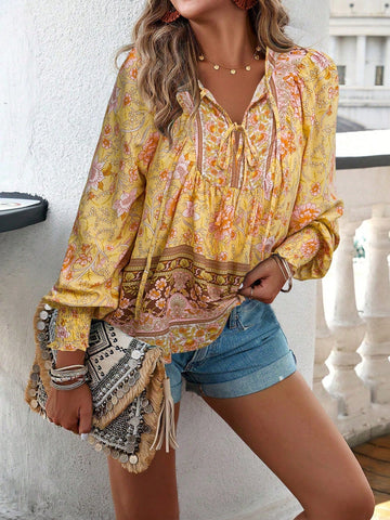 EMERY ROSE Women Front Tie Long Sleeve Printed Casual Blouse, Everyday Wear