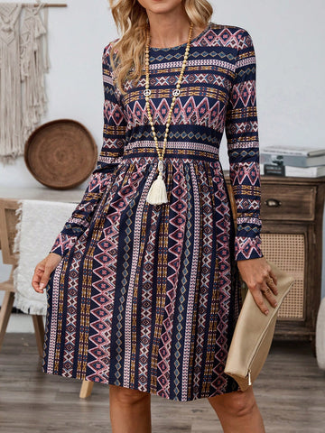 EMERY ROSE Women Full-Print Crew Neck Long Sleeve Casual Dress, Autumn