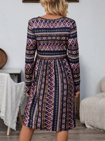 EMERY ROSE Women Full-Print Crew Neck Long Sleeve Casual Dress, Autumn