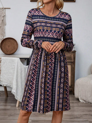 EMERY ROSE Women Full-Print Crew Neck Long Sleeve Casual Dress, Autumn