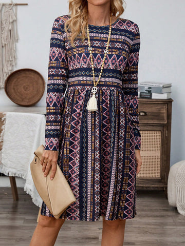 EMERY ROSE Women Full-Print Crew Neck Long Sleeve Casual Dress, Autumn