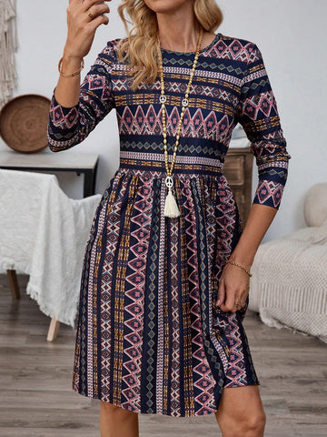 EMERY ROSE Women Full-Print Crew Neck Long Sleeve Casual Dress, Autumn