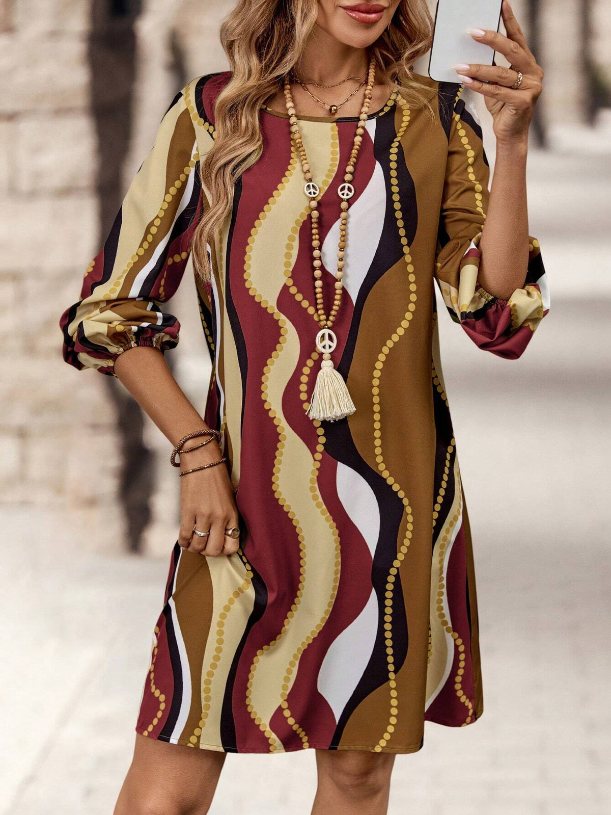 EMERY ROSE Women Geometric Print Casual Dress, Minimalist And Fashionable For Everyday Wear