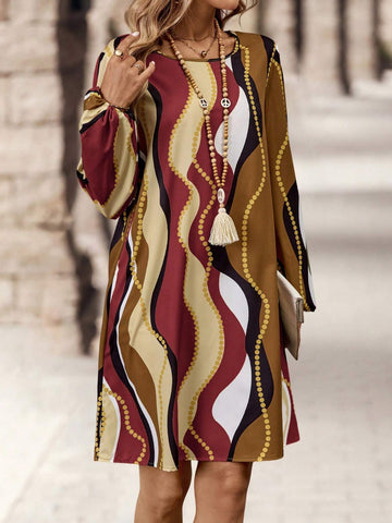 EMERY ROSE Women Geometric Print Casual Dress, Minimalist And Fashionable For Everyday Wear