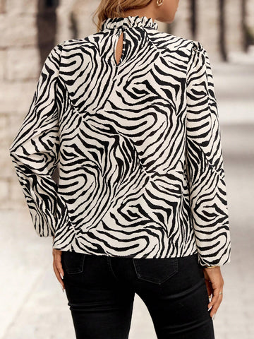 EMERY ROSE Women Lantern Sleeve Graphic Print Casual Commuter Shirt, Autumn
