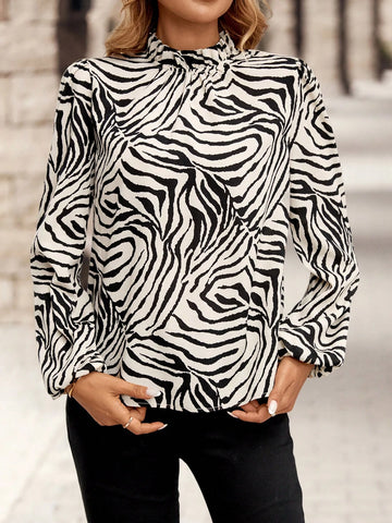 EMERY ROSE Women Lantern Sleeve Graphic Print Casual Commuter Shirt, Autumn
