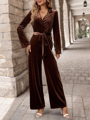 EMERY ROSE Women Lapel Collar Belted Wide Leg Velvet Jumpsuit