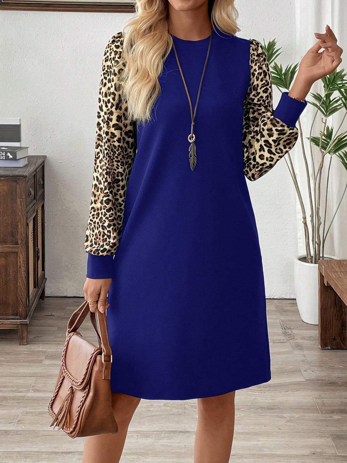 EMERY ROSE Women Leopard Print Patchwork Crew Neck Long Sleeve Casual Short Dress