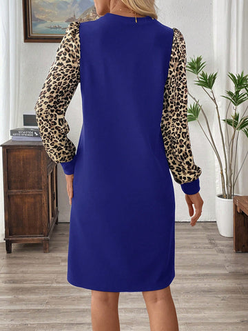EMERY ROSE Women Leopard Print Patchwork Crew Neck Long Sleeve Casual Short Dress