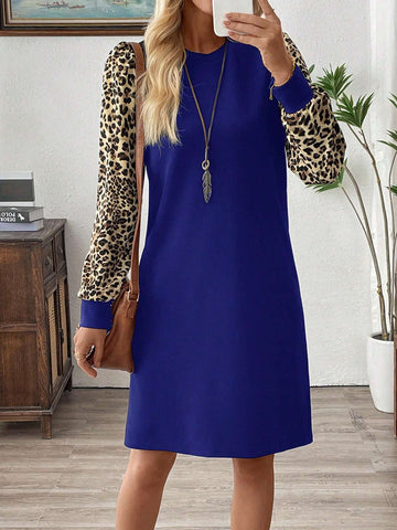 EMERY ROSE Women Leopard Print Patchwork Crew Neck Long Sleeve Casual Short Dress