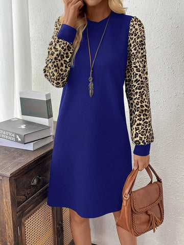 EMERY ROSE Women Leopard Print Patchwork Crew Neck Long Sleeve Casual Short Dress