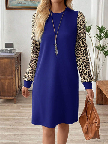 EMERY ROSE Women Leopard Print Patchwork Crew Neck Long Sleeve Casual Short Dress