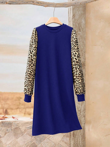 EMERY ROSE Women Leopard Print Patchwork Crew Neck Long Sleeve Casual Short Dress