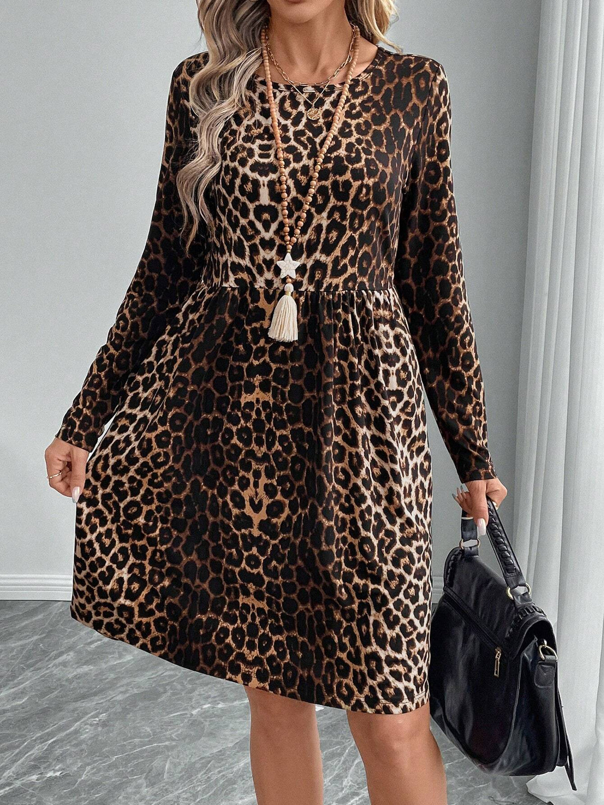 EMERY ROSE Women Leopard Print Ruched Collar Long Sleeve Short Dress