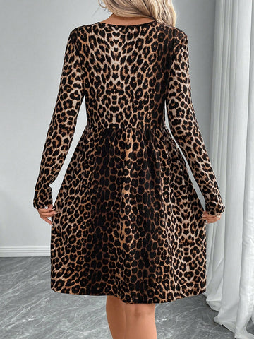 EMERY ROSE Women Leopard Print Ruched Collar Long Sleeve Short Dress