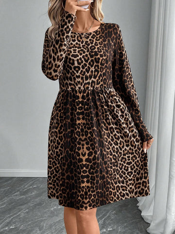 EMERY ROSE Women Leopard Print Ruched Collar Long Sleeve Short Dress