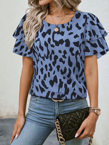 EMERY ROSE Women Leopard Print Ruffle Hem Round Neck Short Sleeve Blouse