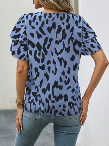 EMERY ROSE Women Leopard Print Ruffle Hem Round Neck Short Sleeve Blouse