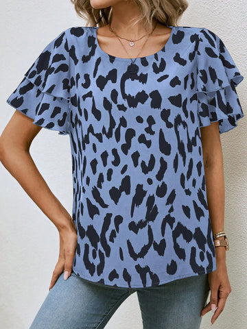 EMERY ROSE Women Leopard Print Ruffle Hem Round Neck Short Sleeve Blouse