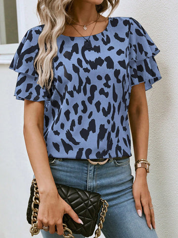EMERY ROSE Women Leopard Print Ruffle Hem Round Neck Short Sleeve Blouse