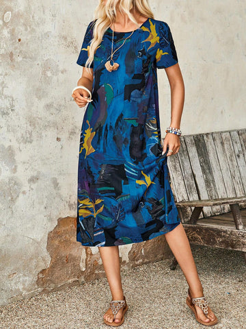 EMERY ROSE Women Random Printed Simple Daily Short Sleeve Dress