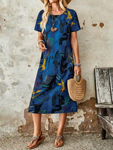 EMERY ROSE Women Random Printed Simple Daily Short Sleeve Dress
