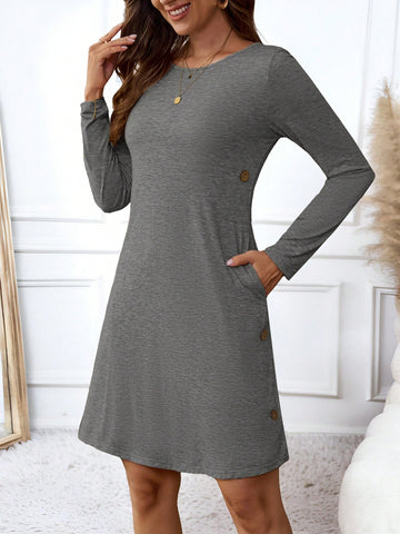 EMERY ROSE Women Round Neck Long Sleeve Pocket Button Casual Minimalist Short Dress