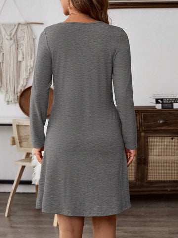 EMERY ROSE Women Round Neck Long Sleeve Pocket Button Casual Minimalist Short Dress