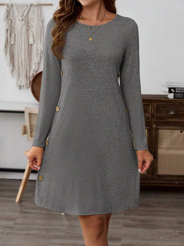 EMERY ROSE Women Round Neck Long Sleeve Pocket Button Casual Minimalist Short Dress