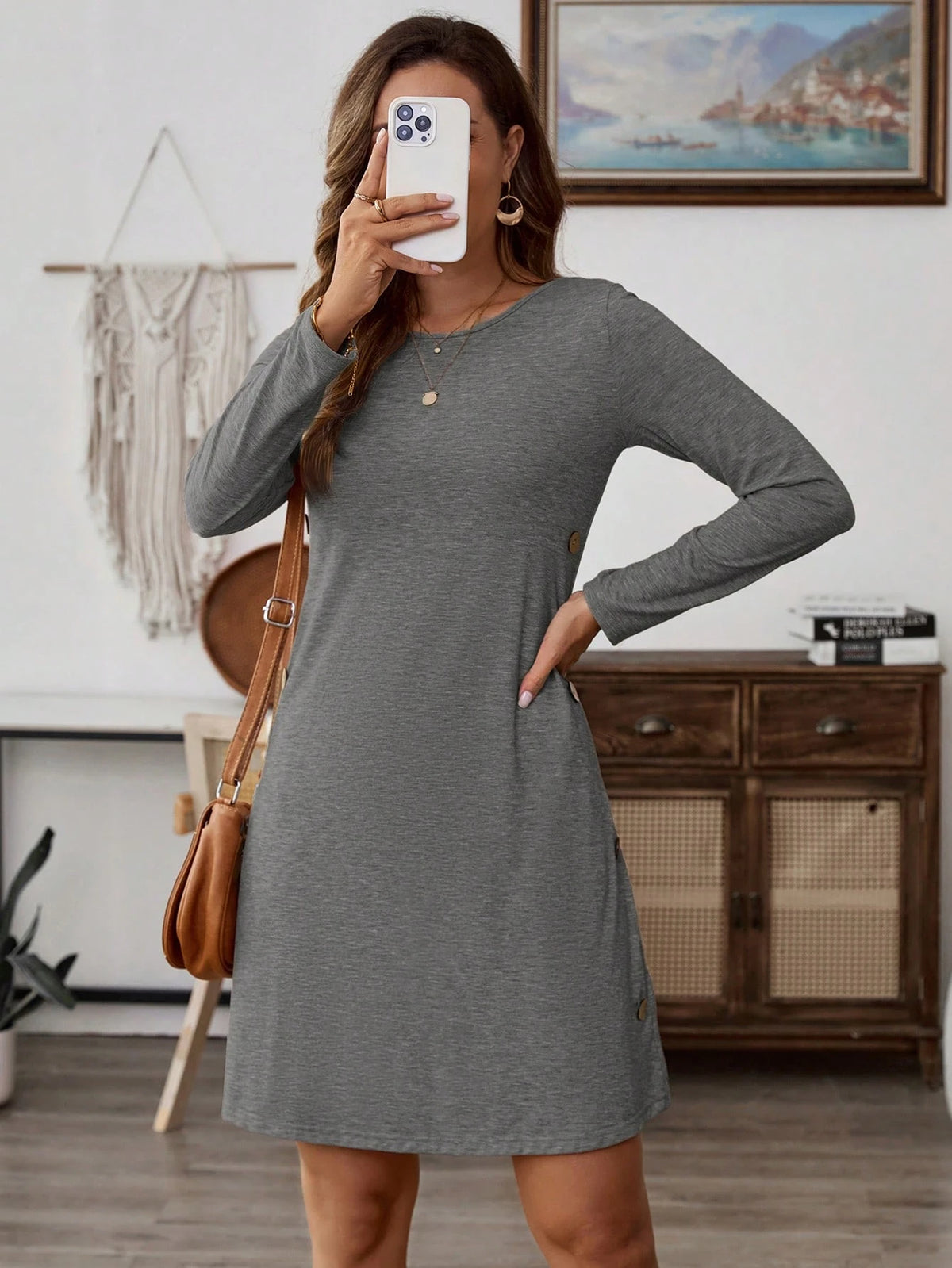 EMERY ROSE Women Round Neck Long Sleeve Pocket Button Casual Minimalist Short Dress