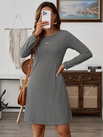 EMERY ROSE Women Round Neck Long Sleeve Pocket Button Casual Minimalist Short Dress