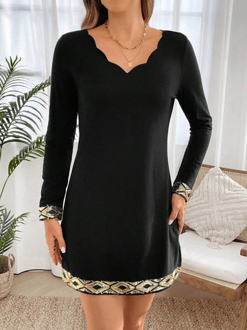 EMERY ROSE Women Shell Trim Collar Long Sleeve Sequin Embroidered Mini Dress, Autumn/Winter