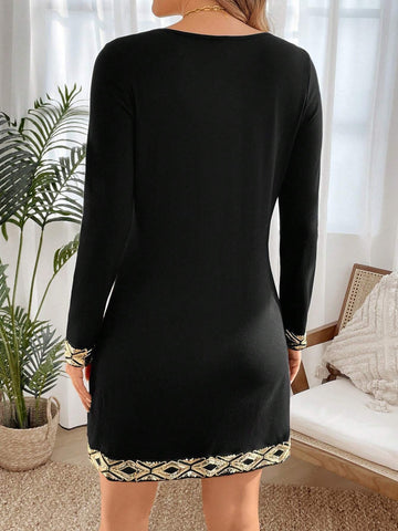 EMERY ROSE Women Shell Trim Collar Long Sleeve Sequin Embroidered Mini Dress, Autumn/Winter