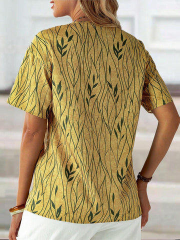 ROSE Women Short Sleeve Casual Vacation Plant Printed Shirt