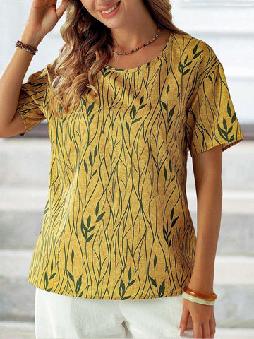 ROSE Women Short Sleeve Casual Vacation Plant Printed Shirt