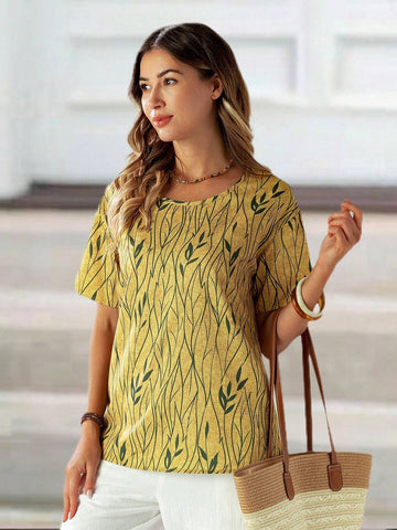 ROSE Women Short Sleeve Casual Vacation Plant Printed Shirt