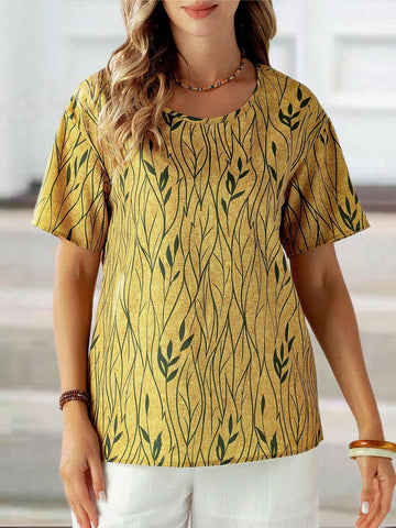 ROSE Women Short Sleeve Casual Vacation Plant Printed Shirt